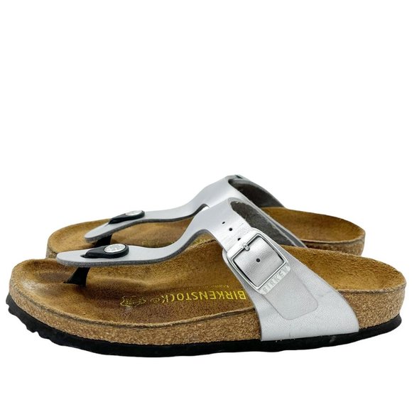 Birkenstock Shoes - Birkenstock Gizeh Birko-Flor Thong Sandals Metallic Silver Leather Women's